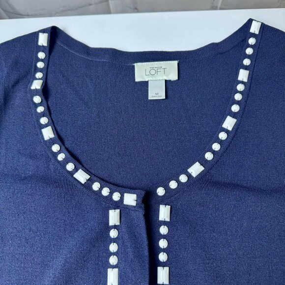 Ann Taylor LOFT Navy Short Sleeve Sweater Top with Embellished Trim – Size M - Picture 5 of 9